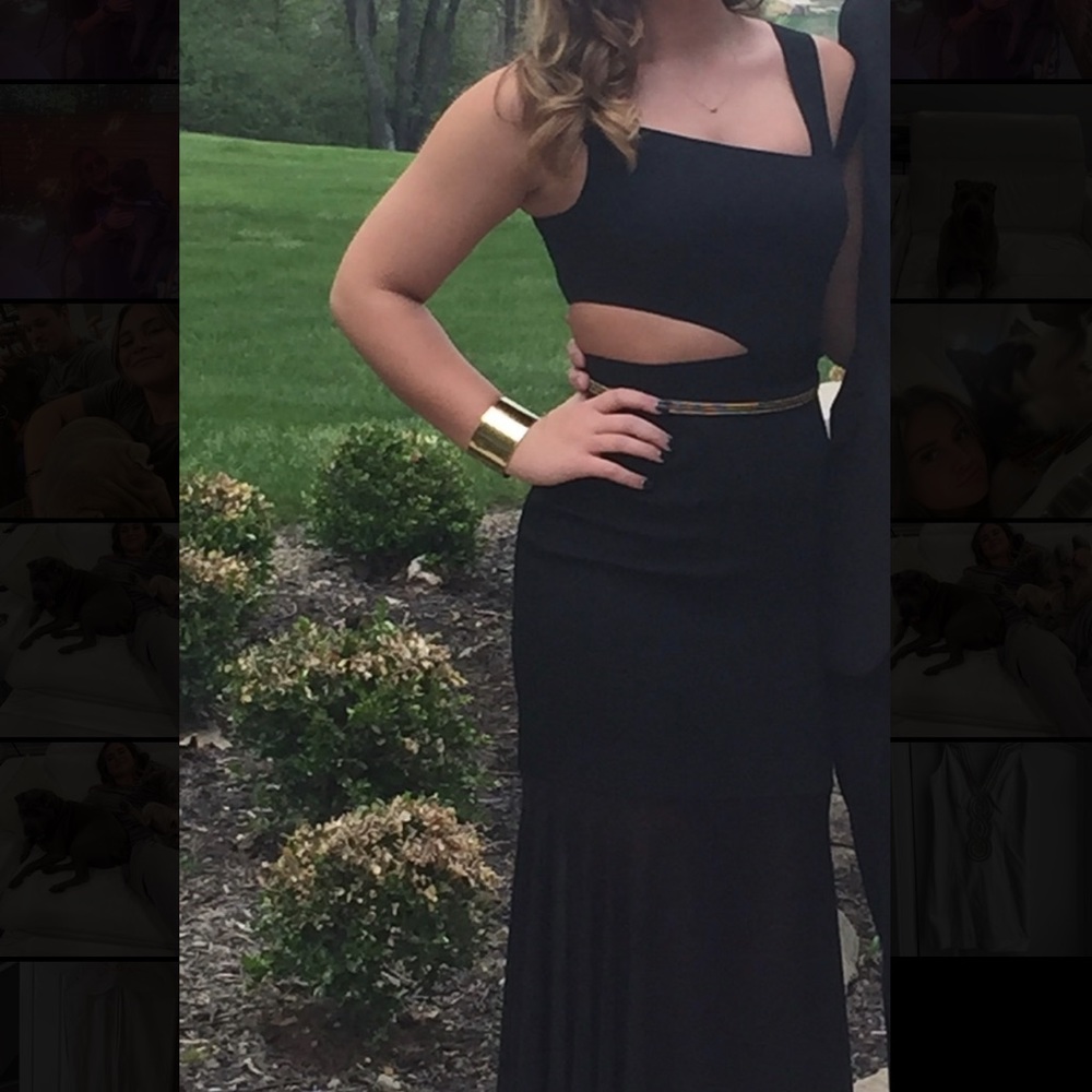 Long Black BCBG Gown with slit at the waist